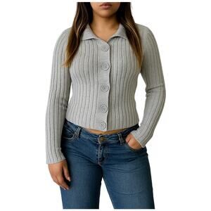 Y2K Ribbed Gray Button-Up Cardigan – Faded Glory – Women’s Medium